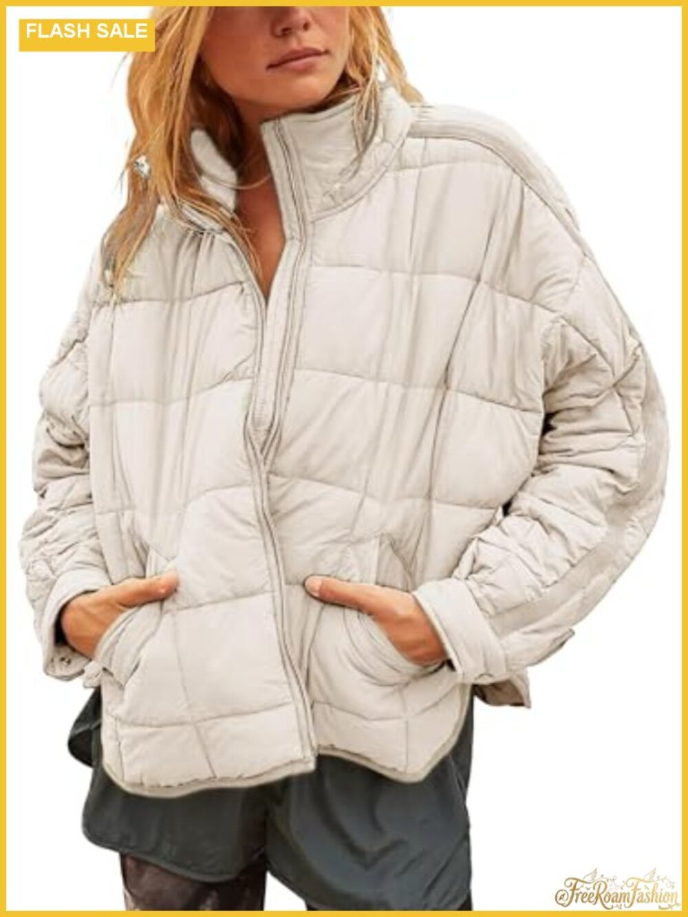 Freyhem Quilted Puffer Jacket Lightweight Zip Up Padded Coat with Pockets